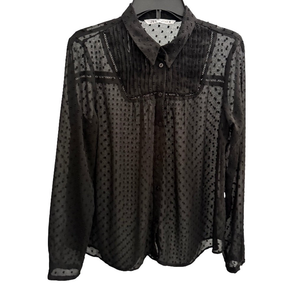 ZARA Black Sheer Swiss Dot Button Up Blouse Size M - Picture 2 of 6